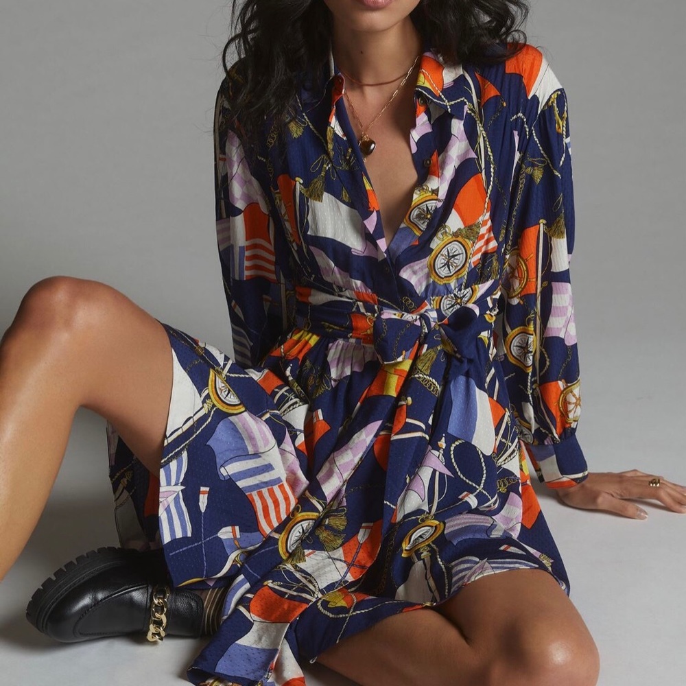 Maeve Nautical Long Sleeves Blouse Navy Blue Orange Mini Shirt Dress XS